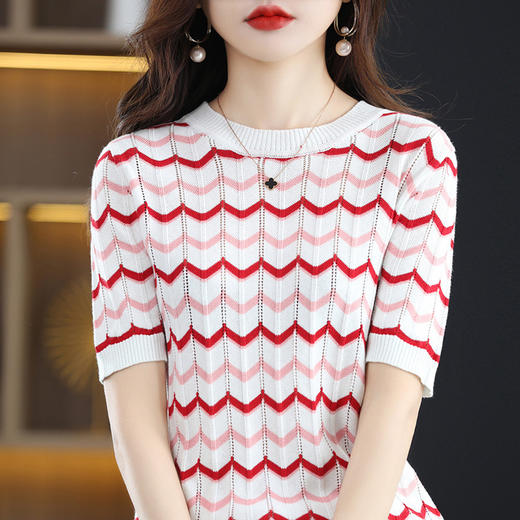 QHJY-JYA023154春夏圆领精纺棉线打底衫女五分袖套头短袖薄针织花纹上衣女 商品图4