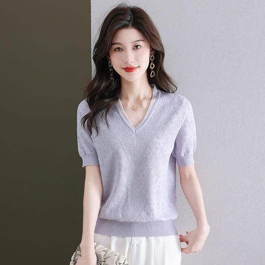夏装新款，V领冰丝短袖t恤女半袖上衣薄款针织衫洋气蕾丝小衫CC-89-5151 商品图3