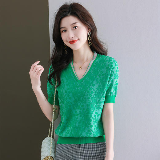 夏装新款，V领冰丝短袖t恤女半袖上衣薄款针织衫洋气蕾丝小衫CC-89-5151 商品图0