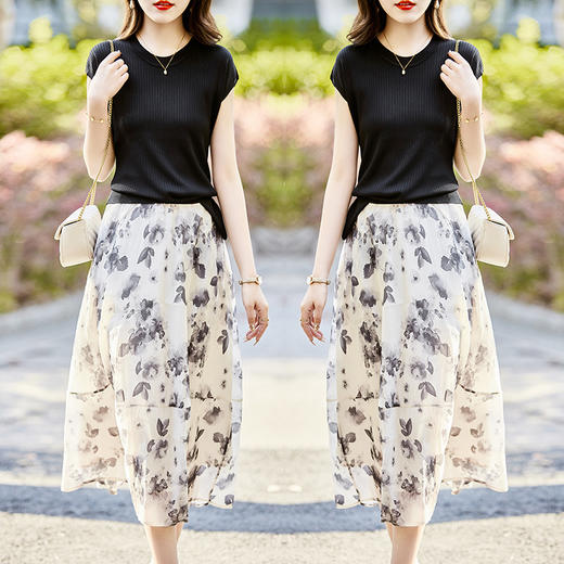 时尚印花套装女，夏新款韩版时髦修身显瘦法式浪漫优雅两件套裙HR-WM681189 商品图6