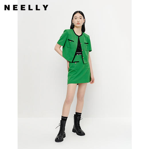 NEELLY纳俪夏季新款时尚套装圆领短款上衣女简约A字短裙半身裙N23041Z01016 商品图1