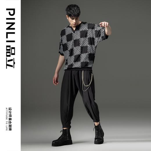 PINLI品立新款撞色体恤几何印花格子V领短袖T恤男装夏季潮牌上衣B222111067 商品图2
