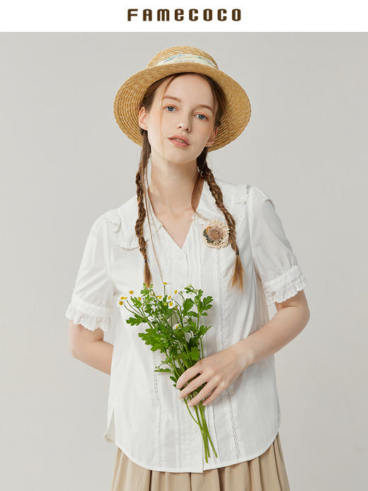 famecoco范可儿小v领白衬衫女夏款花边袖上衣小众设计感FAB3BH024 商品图1
