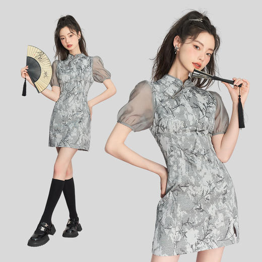 西遇短袖旗袍裙女春季新款小众复古印花新中式改良连衣裙10730263 商品图2