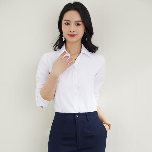 罗蒙春夏女装长袖衬衫女士V领衬衫商务通勤职业工装长袖棉质衬衫女 商品图5