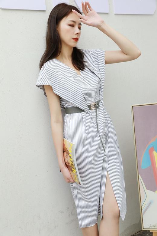Le Malene 条纹V领挂肩袖设计感束腰连衣裙 13104 商品图4