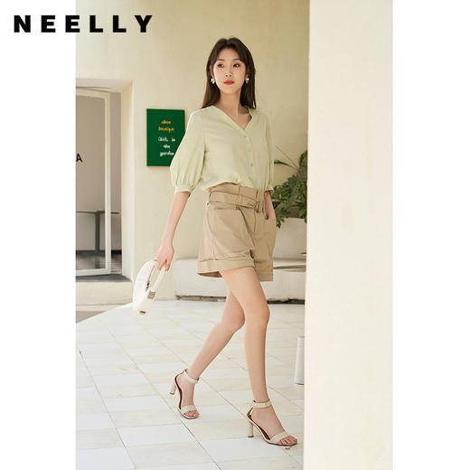 NEELLY纳俪商场同款韩版高腰系带短裤女宽松显瘦直筒休闲裤夏季N22044H03303 商品图3