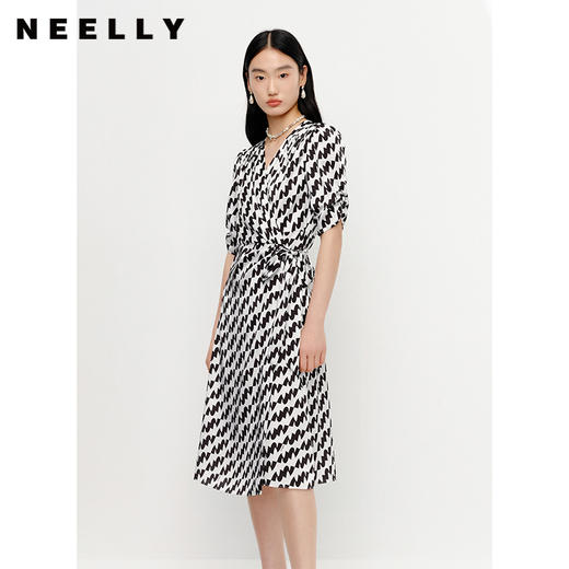 NEELLY纳俪气质连衣裙女中长款短袖系带收腰A字裙夏季新款百搭N23041Y01019 商品图1