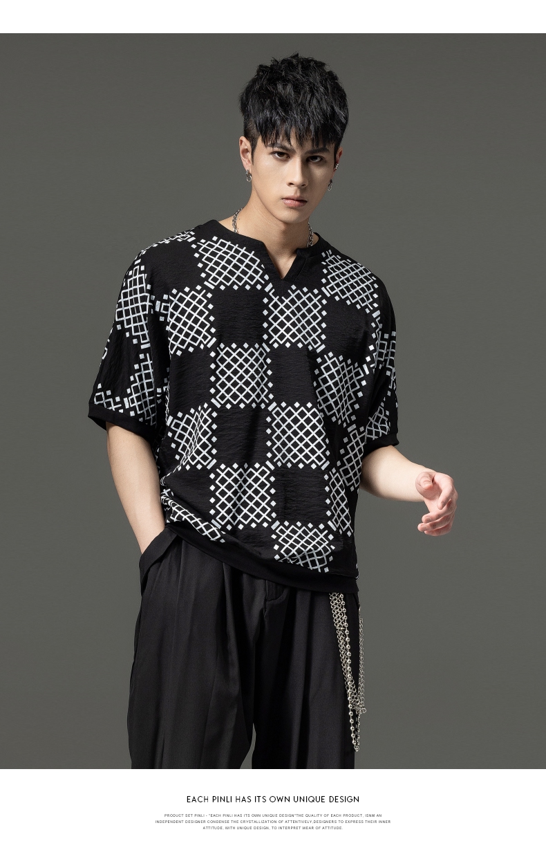 PINLI品立新款撞色体恤几何印花格子V领短袖T恤男装夏季潮牌上衣B222111067