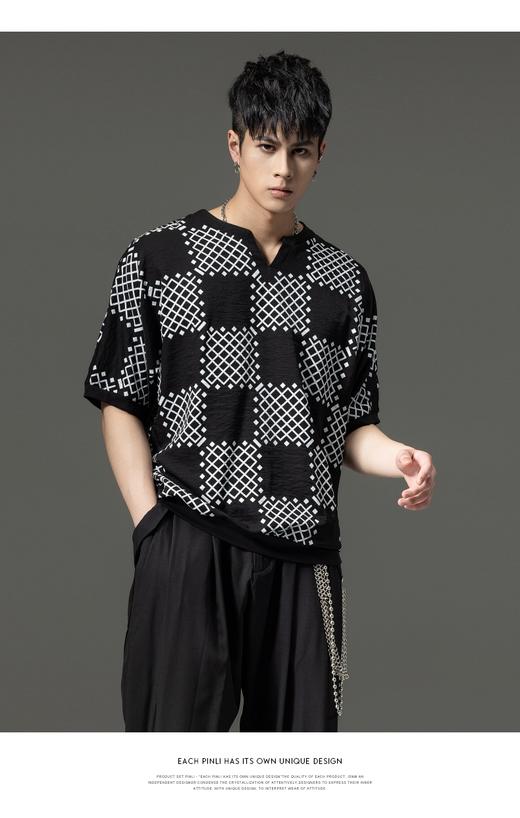 PINLI品立新款撞色体恤几何印花格子V领短袖T恤男装夏季潮牌上衣B222111067 商品图0