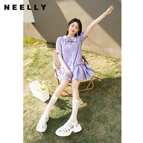 NEELLY纳俪夏季新款连衣裙女衬衫领系带娃娃裙减龄A字裙中长款N23044Y05504