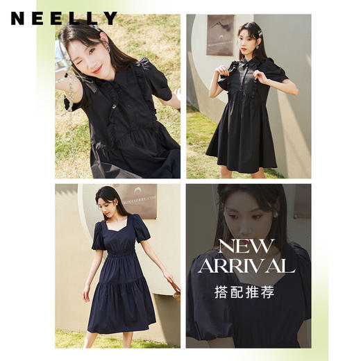 NEELLY纳俪小翻领连衣裙女中长款泡泡袖A字裙减龄娃娃裙小黑裙夏N23044Y05501 商品图2