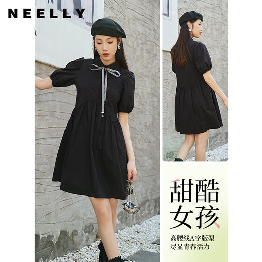 NEELLY纳俪小翻领连衣裙女中长款泡泡袖A字裙减龄娃娃裙小黑裙夏N23044Y05501 商品图0