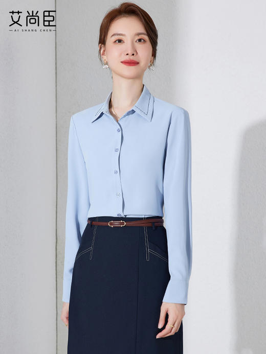 职业蓝色衬衫女设计感夏长袖气质工作服正装大码工装时尚百搭衬衣 商品图3