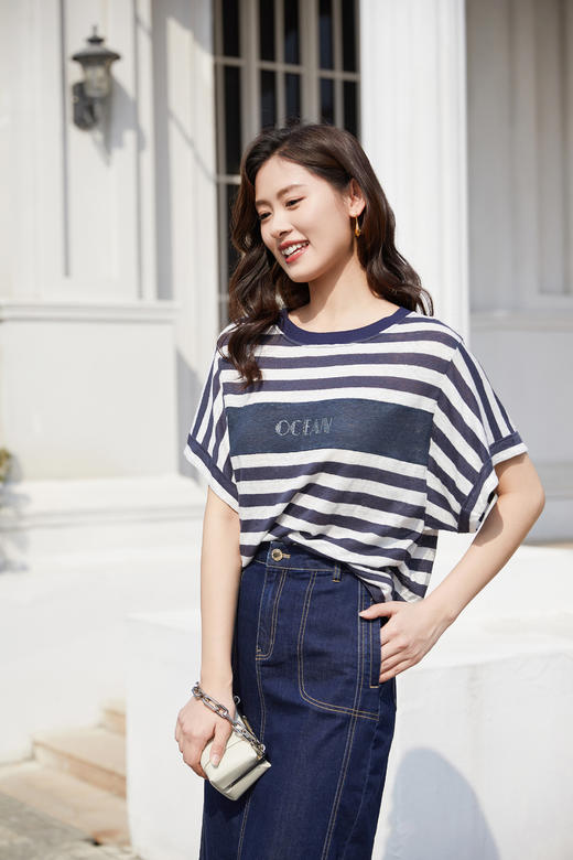 奇威【亚麻 100%】条纹休闲T恤0DB00144 商品图8