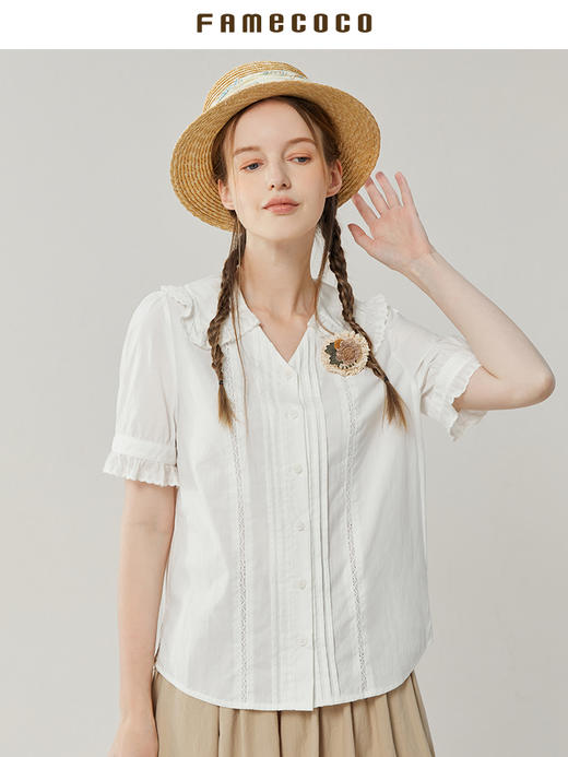 famecoco范可儿小v领白衬衫女夏款花边袖上衣小众设计感FAB3BH024 商品图4