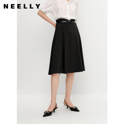 NEELLY纳俪商场同款黑色半身裙女高腰显瘦伞裙通勤A字过膝裙夏季N23042E01064 商品图2