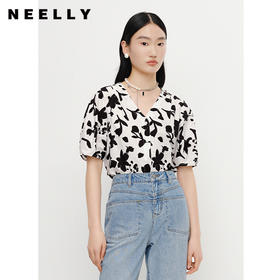 NEELLY纳俪商场同款v领碎花衬衫女单排扣短袖纯棉小众上衣显瘦潮N23042B01045