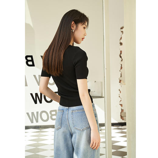 NEELLY纳俪针织衫女不对称领口抽绳显瘦修身短袖毛衣夏季轻薄套头N23044A05507 商品图4