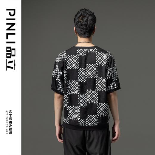 PINLI品立新款撞色体恤几何印花格子V领短袖T恤男装夏季潮牌上衣B222111067 商品图4