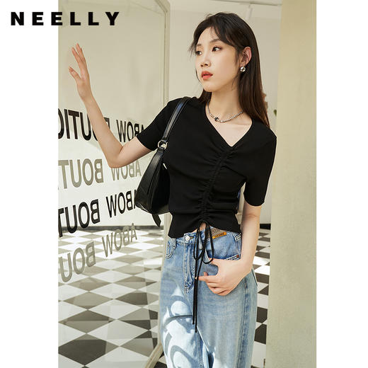 NEELLY纳俪针织衫女不对称领口抽绳显瘦修身短袖毛衣夏季轻薄套头N23044A05507 商品图2