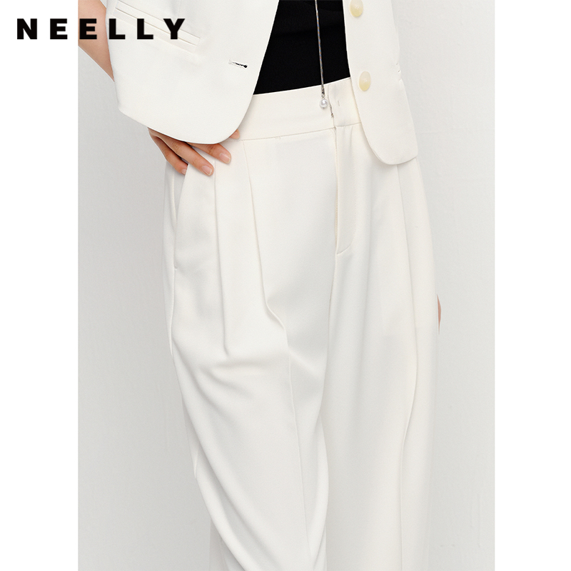 NEELLY纳俪商场同款白色西装裤女春夏直筒高腰阔腿裤垂感休闲裤子N23042H01069