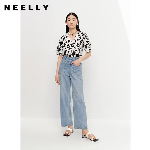 NEELLY纳俪商场同款v领碎花衬衫女单排扣短袖纯棉小众上衣显瘦潮N23042B01045 商品图1