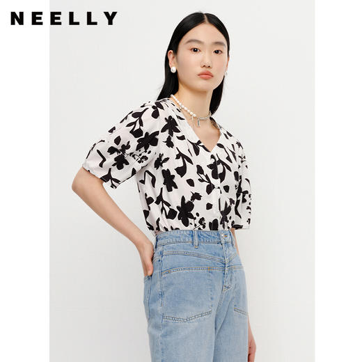 NEELLY纳俪商场同款v领碎花衬衫女单排扣短袖纯棉小众上衣显瘦潮N23042B01045 商品图2