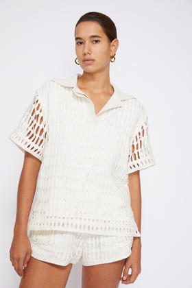 Jonathan Simkhai - Rossi Cotton Mesh Short-sleeved Polo-Natural - 乔纳森·希姆凯-女装-白色