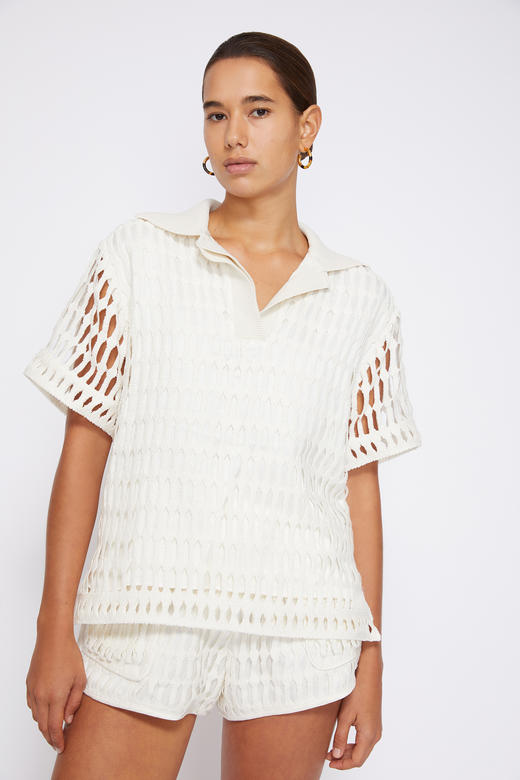 Jonathan Simkhai - Rossi Cotton Mesh Short-sleeved Polo-Natural - 乔纳森·希姆凯-女装-白色 商品图0