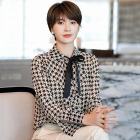 千鸟格雪纺衬衫女2023年春季新款法式复古长袖优雅系带衬衣