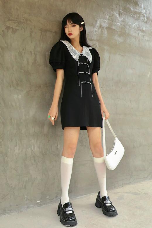 太平鸟女装国风绣花领连衣裙A5FAC2C95黑色 商品图0