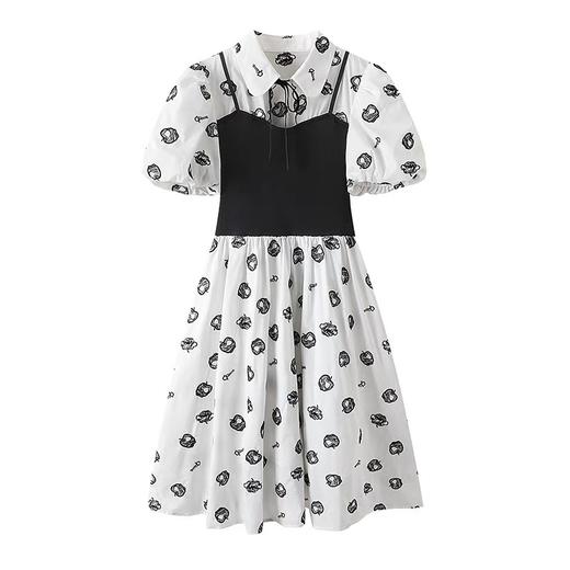 太平鸟女装绣花拼接连衣裙A1FAC2357黑白纹样 商品图0