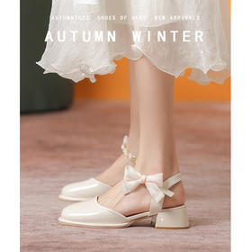 「黑白两色！优雅设计风」玛丽珍凉鞋2023年春夏新款仙女风蝴蝶结粗跟包头后空高跟鞋单鞋女