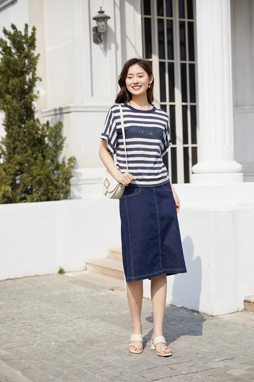 奇威【亚麻 100%】条纹休闲T恤0DB00144 商品图7