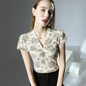 扭结V领上衣网纱提花洋气短袖T恤夏季新款FSJ-F20235053