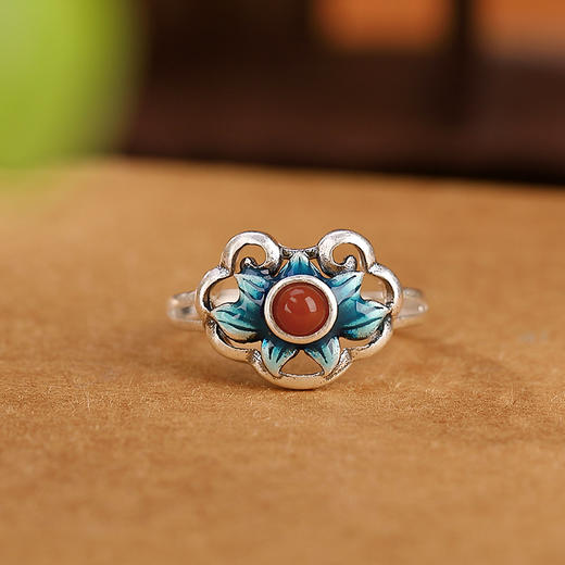 【好运连连】S925银南红复古景泰蓝莲花戒指【CW-406026】 商品图2