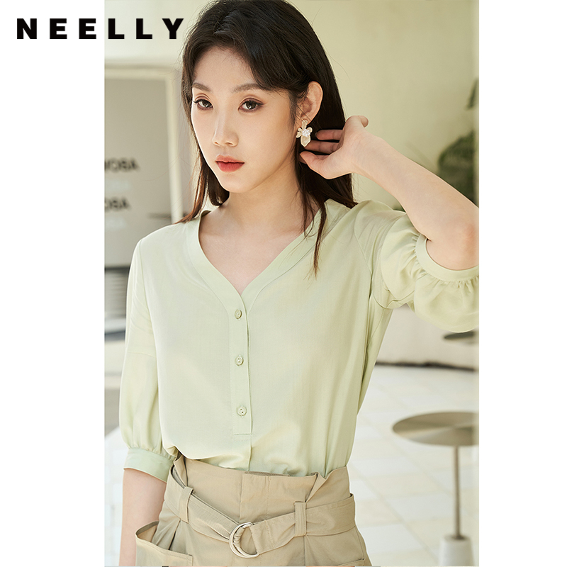 NEELLY纳俪夏季新款气质V领衬衫女简约通勤七分袖轻薄上衣百搭潮N23044R05506