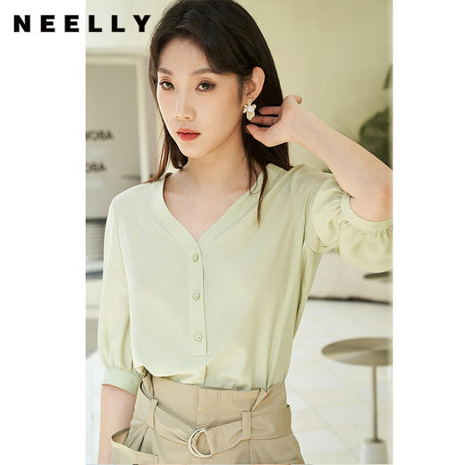 NEELLY纳俪夏季新款气质V领衬衫女简约通勤七分袖轻薄上衣百搭潮N23044R05506 商品图0
