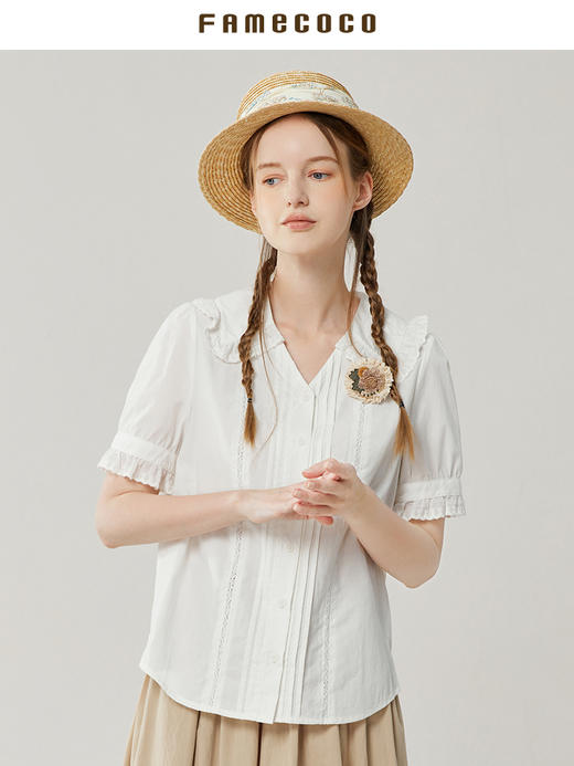 famecoco范可儿小v领白衬衫女夏款花边袖上衣小众设计感FAB3BH024 商品图2