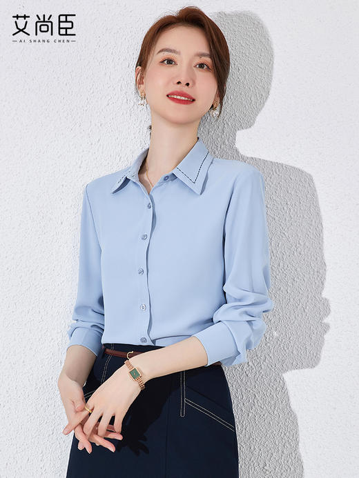 职业蓝色衬衫女设计感夏长袖气质工作服正装大码工装时尚百搭衬衣 商品图2