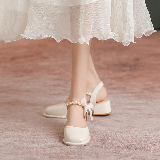 「黑白两色！优雅设计风」玛丽珍凉鞋2023年春夏新款仙女风蝴蝶结粗跟包头后空高跟鞋单鞋女 商品图2