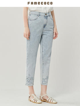 famecoco范可儿纯棉浅色牛仔裤女新款夏季裤脚镂空直筒裤FAB3GA012