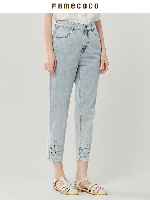 famecoco范可儿纯棉浅色牛仔裤女新款夏季裤脚镂空直筒裤FAB3GA012 商品图0
