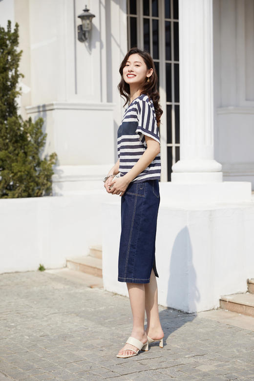 奇威【亚麻 100%】条纹休闲T恤0DB00144 商品图5