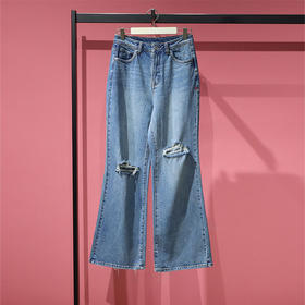 太平鸟女装刘雯&PEACEBIRD联名直筒微喇牛仔裤A1HAC2D01牛仔蓝