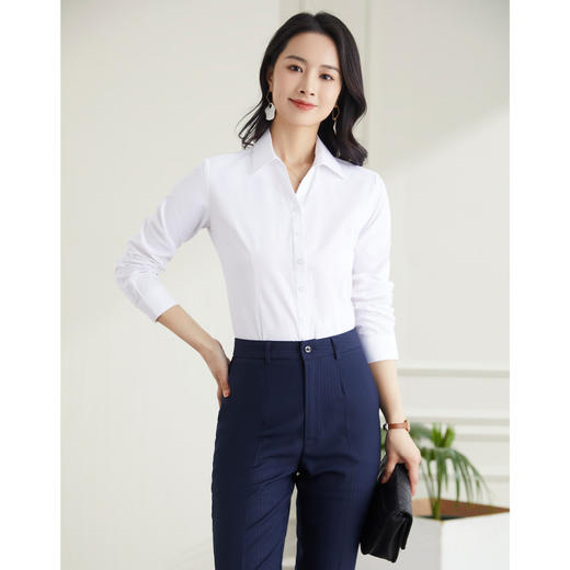 罗蒙春夏女装长袖衬衫女士V领衬衫商务通勤职业工装长袖棉质衬衫女 商品图6