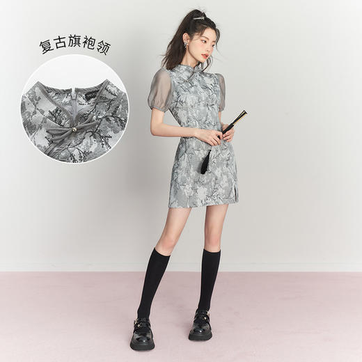 西遇短袖旗袍裙女春季新款小众复古印花新中式改良连衣裙10730263 商品图1