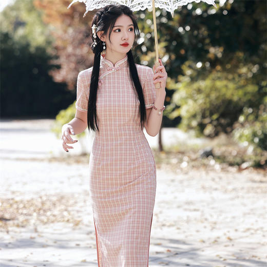 花边钉珠棉麻格子旗袍，文艺少女年轻款旗袍SJT-348 商品图0