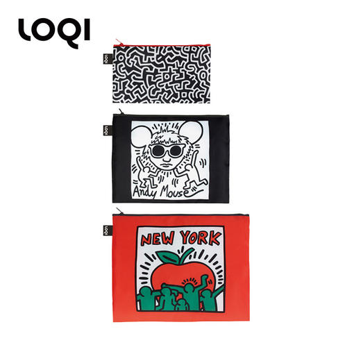 【收纳袋】德国LOQI x 凯斯哈林系列 环保收纳袋三件套 安迪鼠 迷宫 自由女神 文具数码配件收纳整理套包洗漱化妆防泼水 商品图1